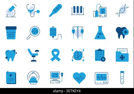 Medical and Healthcare Filled Icons Set. Microscope, Stethoscope, DNA, Heart Monitor and Dental Care Editable Stroke Vector Illustration Stock Vector