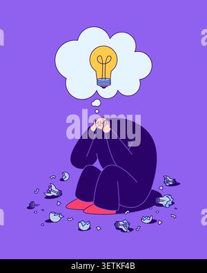 Frustrated person sitting among broken light bulbs while searching for inspiration, with glowing idea inside thought bubble in modern flat illustratio Stock Vector