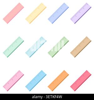 Pastel ruler icon collection featuring colorful measuring tools for school and education themes. Flat vector stationery design suitable for mathematic Stock Vector