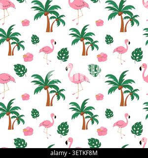Flamingos and palm trees vector seamless pattern. Tropical summer beach design with monstera leaves, hibiscus flowers for textile, packaging and Stock Vector