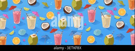 Summer drinks tropical cocktails coconuts citrus fruit umbrellas seamless pattern blue background beach vibe colorful holiday elements Stock Vector