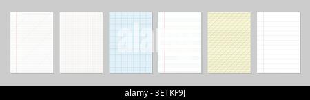 Paper notebook sheets set. Realistic lined, squared graph outline covers, templates, backgrounds. Striped geometric empty blanks prints in different Stock Vector