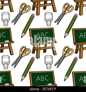 Seamless vector pattern of school supplies and chalkboards with ABC text Stock Vector