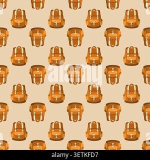 Seamless camping backpack pattern on beige background. Cartoon vector print. Stock Vector