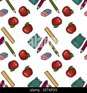 Seamless vector pattern of school supplies, including red apples, green pencils, erasers, rulers, pens, and backpacks, on a white background. Stock Vector