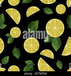 Minimalist Lemon and Mint Seamless Pattern Vector Fresh Yellow Citrus Fruits and Green Peppermint Leaves on Black Background for Textile Wrapping Stock Vector