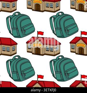 Seamless pattern vector illustration of cartoon school buildings and green backpacks on white background Stock Vector