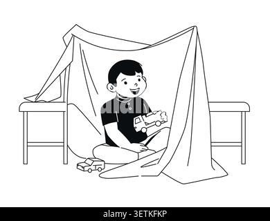 Boy Playing with Toys - Black and White Flat Design Illustration Stock Vector