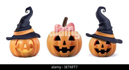 Halloween pumpkin funny character set. 3d vector invitation decor, girl smiling face and black witch hats. Scary happy smile, jack head costume png Stock Vector