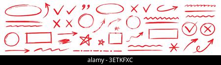 Line arrow hand drawn crayon set. Hand drawn line arrow crayon chalk paint red brush texture underline. Check doodle star curve squiggle zigzag graffiti blackboard background. Vector illustration Stock Vector