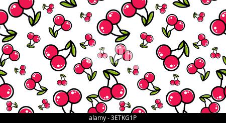 Red cherry with green leaves background. Vector illustration. Cherry Seamless pattern. Summer trendy design Stock Vector