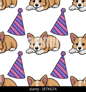 Adorable corgi puppies and party hats seamless pattern vector illustration Stock Vector