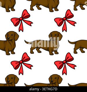Seamless vector pattern of cute brown dachshund dogs with red bows on white background Stock Vector