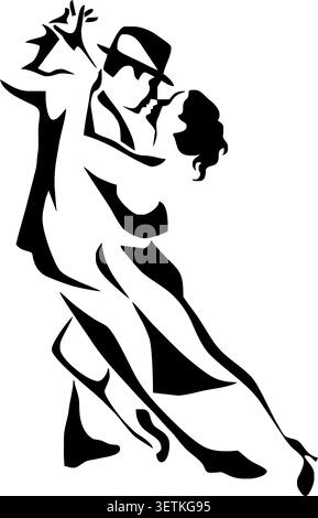 Stylized black silhouette of a couple dancing tango in romantic pose. Artistic design symbolizing tango lessons, workshops and schools, while also sui Stock Vector