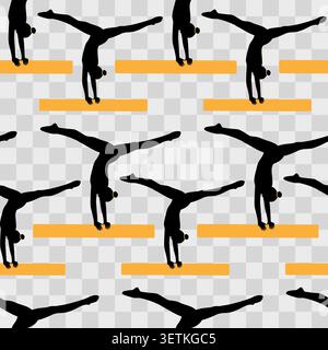 A clean seamless vector pattern showing black silhouette gymnasts performing handstands and splits on horizontal orange balance beams against a light. Branding, sports promo or print materials design Stock Vector