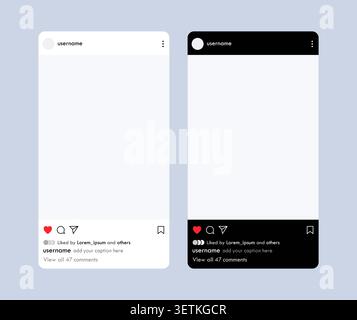 Social Media Post Interface Mockup Template in Dark and Light Mode. Vector Illustration Stock Vector