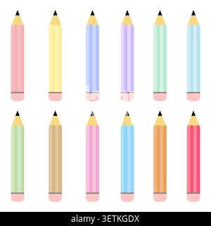 Pastel pencil icon collection featuring colorful writing tools for school and education themes. Flat vector stationery design ideal for classroom, stu Stock Vector