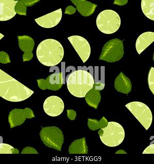 Minimalist Lime and Mint Seamless Pattern Vector Fresh Green Citrus Fruits and Peppermint Leaves on Black Background for Cocktail Wrapping Textile Stock Vector