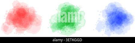 Red green blue watercolor spot set. Liquid watercolour texture splash effects. Pastel color round ink or paint brush stroke shape elements. Soft wet color splatters, blobs, stains, drops. Vector Stock Vector