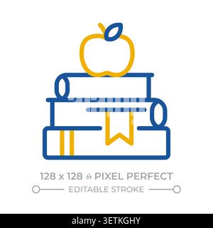 Apple on book stack pixel perfect two color line icon Stock Vector