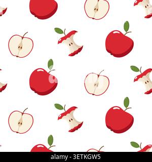 Seamless apple pattern with whole, halved, and bitten apples on white background, playful fruit design for fabric, wallpaper, Stock Vector