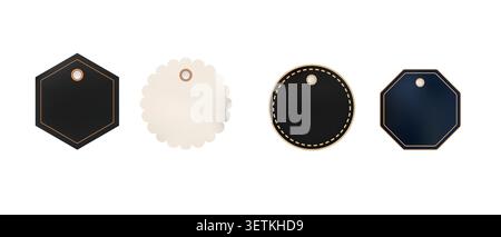 Collection of luxury realistic gift tags and labels with gold details and blank templates isolated on a light background Stock Vector