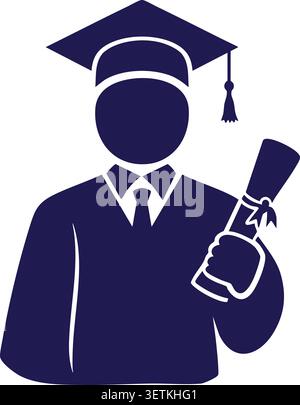 Navy silhouette illustration of a graduate wearing a mortarboard cap and gown while holding a rolled diploma Stock Vector