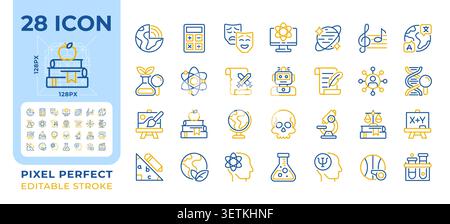 Academic subjects pixel perfect two color line icons set Stock Vector