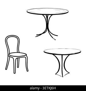 round table and elegant chair, simple linear pattern.. Vector illustration. A set of furniture silhouettes is isolated against the background. For Stock Vector