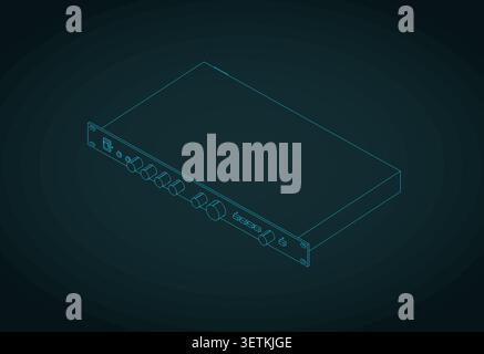 Rackmount audio amplifier isometric technical blueprint, stylized vector illustration Stock Vector