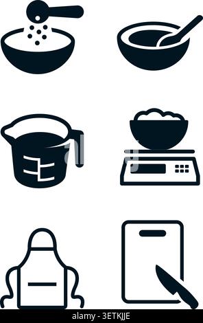 A professional collection of black and white kitchen icons featuring measuring tools, scales, and preparation equipment. Stock Vector