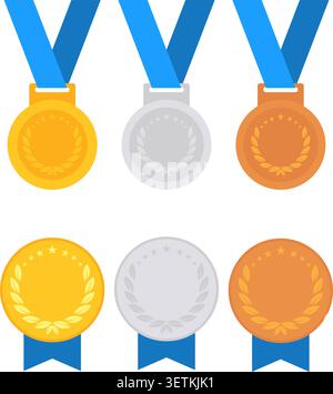 Vector collection of first second and third place award medals featuring laurel wreaths and blue decorative ribbons. Stock Vector