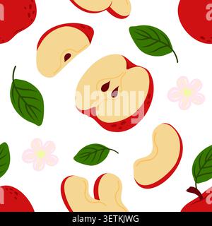 Seamless pattern with apples, leaves and flowers Stock Vector
