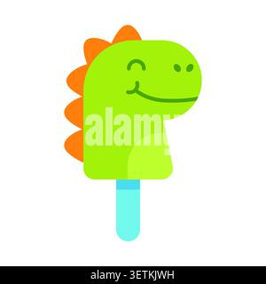 Cute Green Dinosaur Popsicle Illustration on White Background - A charming flat vector illustration of a green dinosaur popsicle. Stock Vector