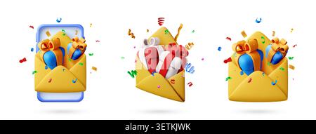 3d gift box in envelope with phone and confetti. Stock Vector