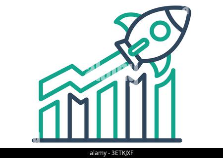 Accelerated growth line icon. of a rocket launching upward along an ascending growth bar chart and rising arrow. Stock Vector
