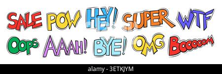 Text for comic book speech pop chat bubbles. Set of comic speech bubbles text, comic wording sound effects design, comic book. Creative retro pop art book oops, wow, boom balloons funny slang phrases Stock Vector