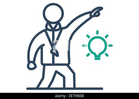 Coaching line icon. of a coach wearing a whistle and pointing forward next to a glowing green light bulb Stock Vector