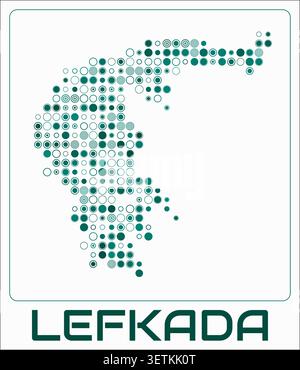Lefkada digital style map. Large circle dots on white background. Dotted shape of the island. Lefkada map and title. Elegant vector illustration. Stock Vector