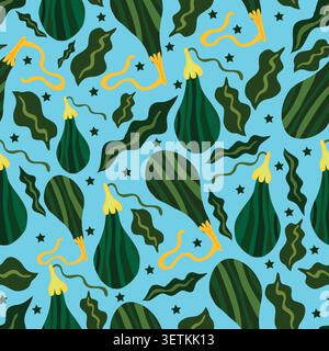 bottle gourd with shrubs and leaves, stars seamless vegetable pattern Stock Vector