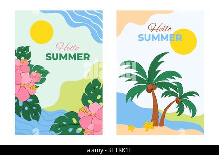 Hello Summer vector posters template set. Tropical design with palm trees, hibiscus flowers and monstera leaves on beach themed vertical banners. Stock Vector