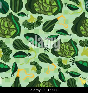 peas, cabbage green, broccoli and gourd on checkered seamless pattern Stock Vector