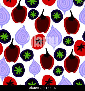tomatoes, onion, colorful cherry tomatoes seamless pattern Stock Vector