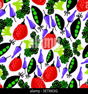 red chilli, peas, broccoli, purple chilli vegetables seamless pattern Stock Vector
