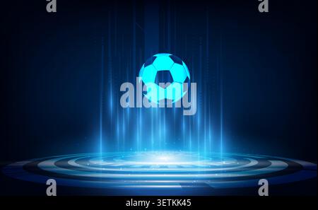 Soccer ball suspended above a high-tech circular platform illuminated by blue holographic beams. Ideal for football technology, AI sports analytics. Stock Vector