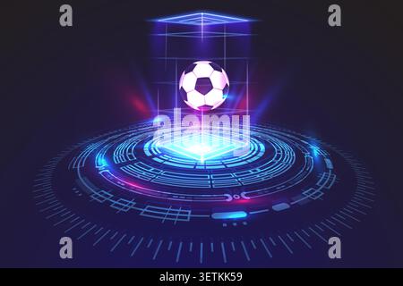 Advanced sports technology concept featuring a floating soccer ball inside a holographic cube above a futuristic digital HUD platform. Stock Vector