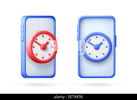 3D two smartphones with colorful clock icons. Stock Vector