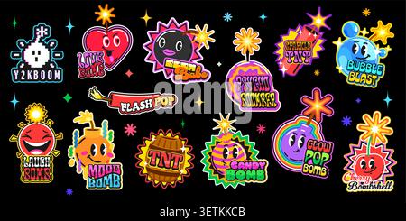 Bomb and dynamite vintage y2k stickers and retro patch labels with cartoon explosives, tnt barrels, fireworks and bubble blasts. Retro y2k bomb emoji vector stickers of cute heart, disco balls, candy Stock Vector