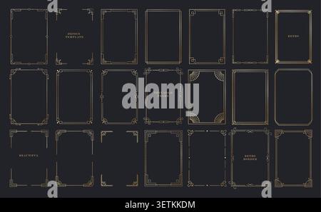 Collection of vintage thin gold frames, borders, labels. Art deco rectangle gold frame for nvitations, packaging luxury decorative templates.  Stock Vector