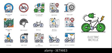 Line bicycle and bike service color icons. Bicycle repair, e bike charging, rental, helmet and lock, pump, navigation, delivery, parking and cycling activities perfect for eco friendly city transport Stock Vector